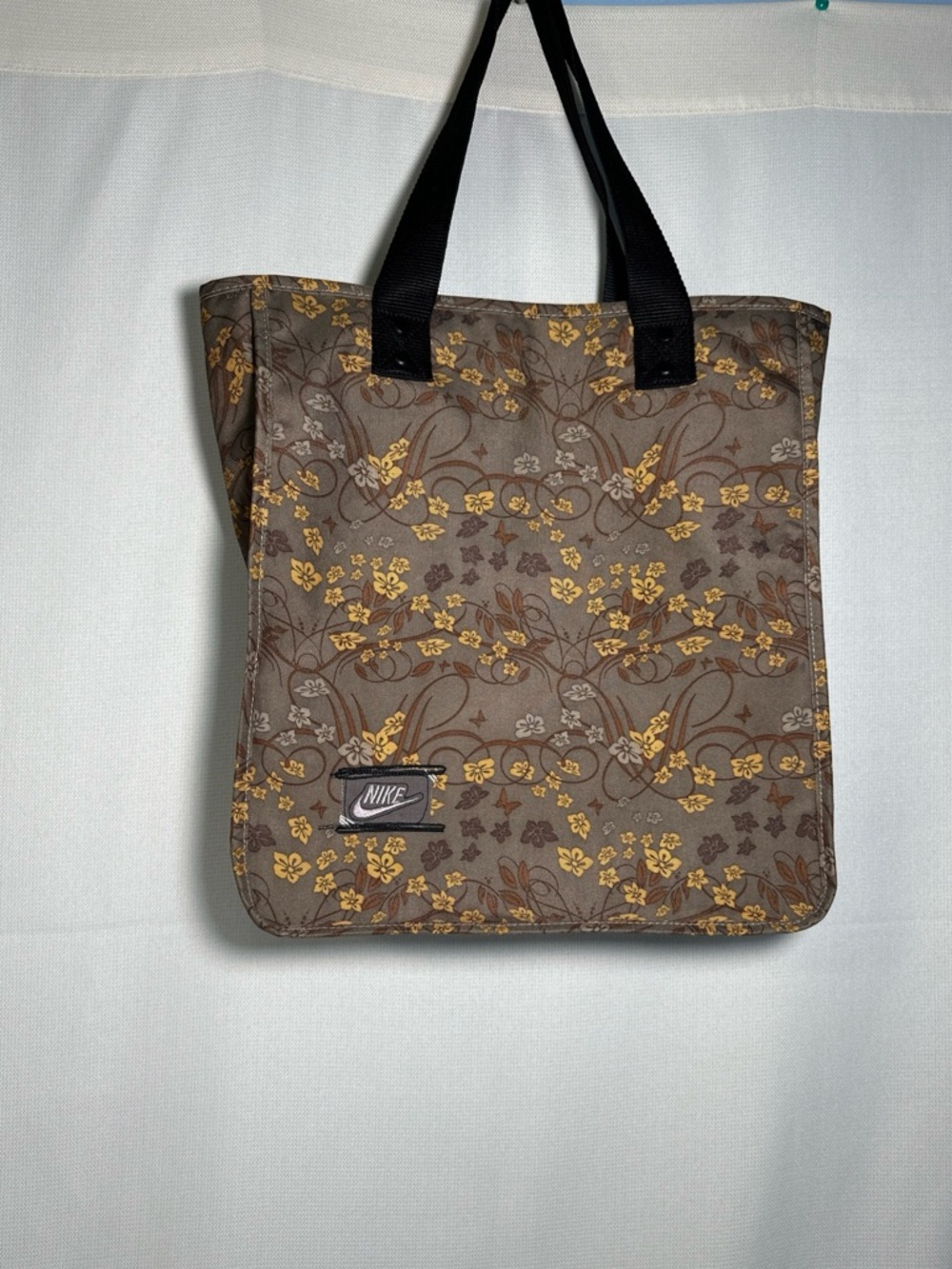 Nike Brown Floral Tote with Black Handles and Yellow Accents